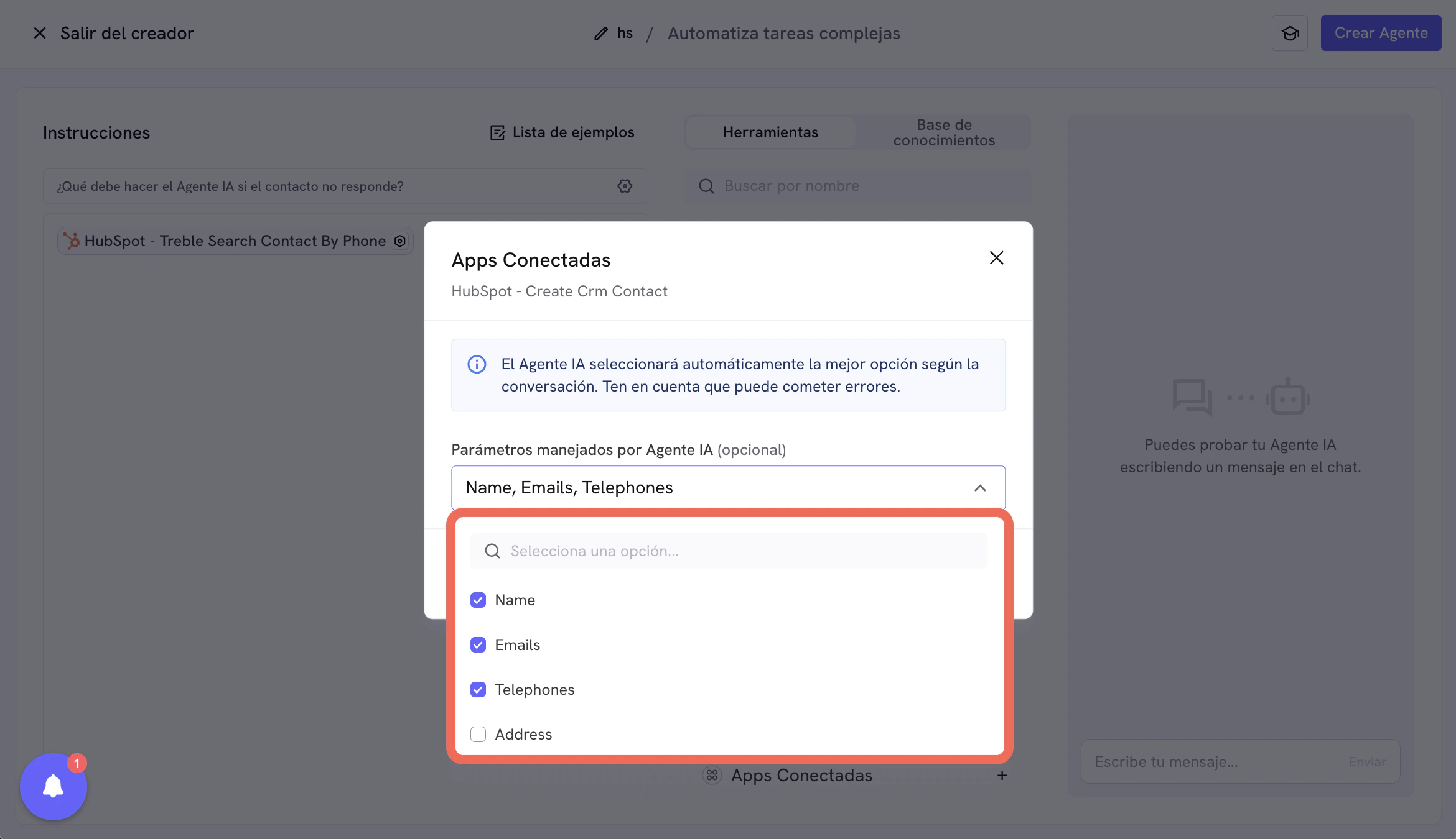 Configuração da ferramenta Criar Contato