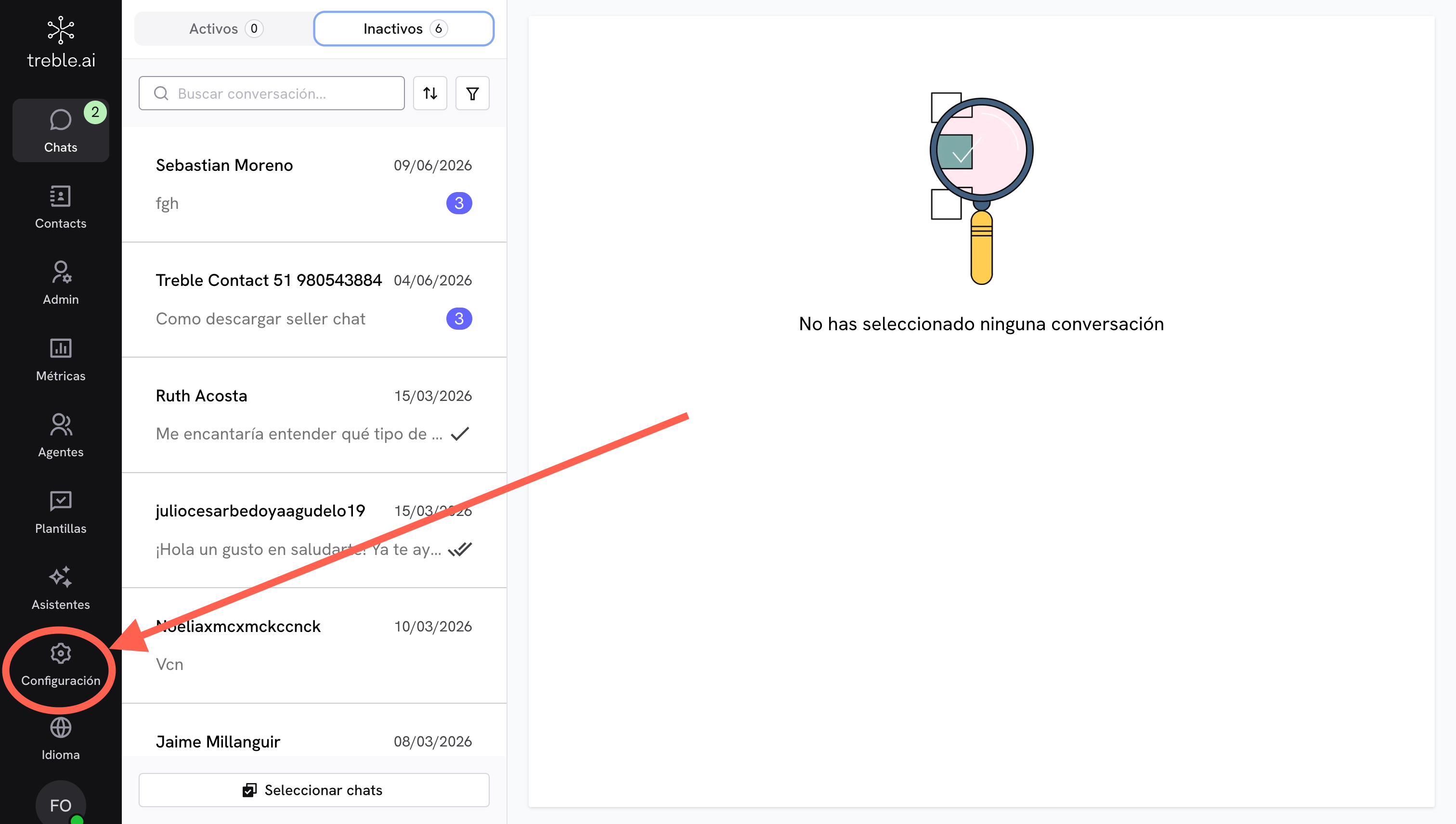 Treble Sales side menu with Settings highlighted