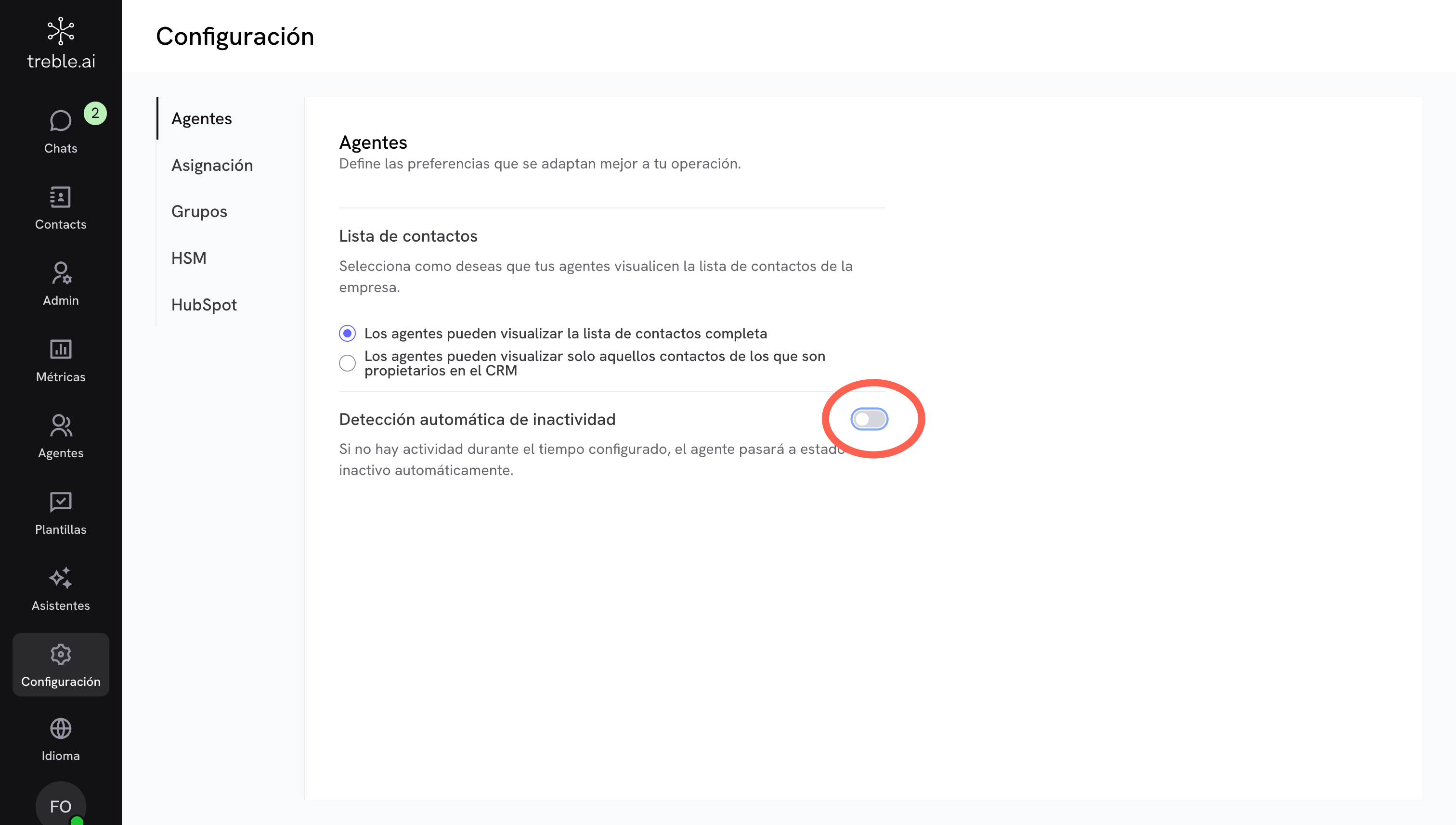 Automatic inactivity detection switch in agent settings