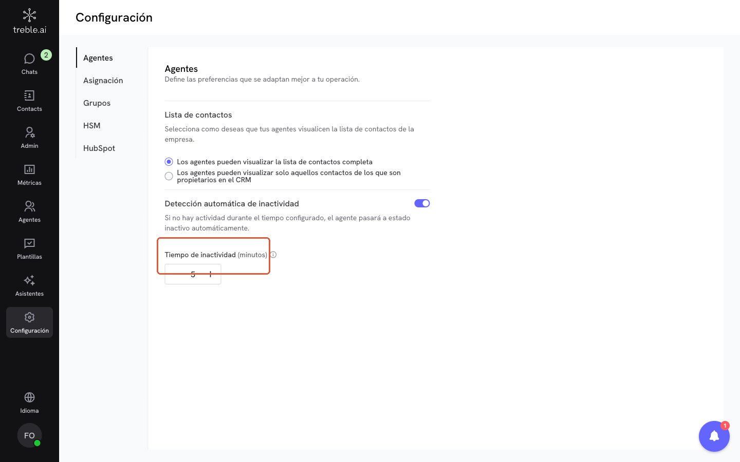 Inactivity time field in minutes