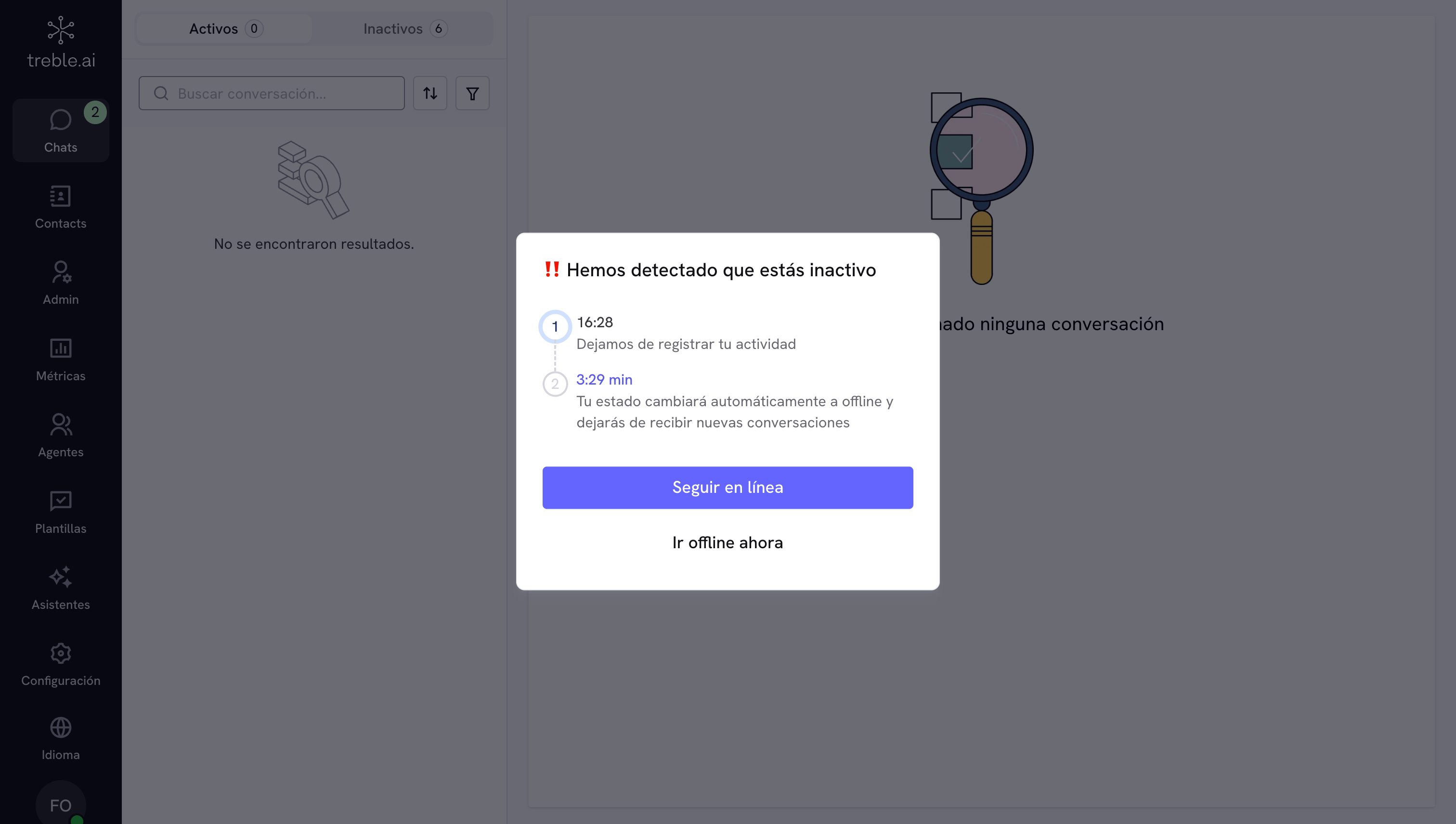 Inactivity detection modal in Treble Sales