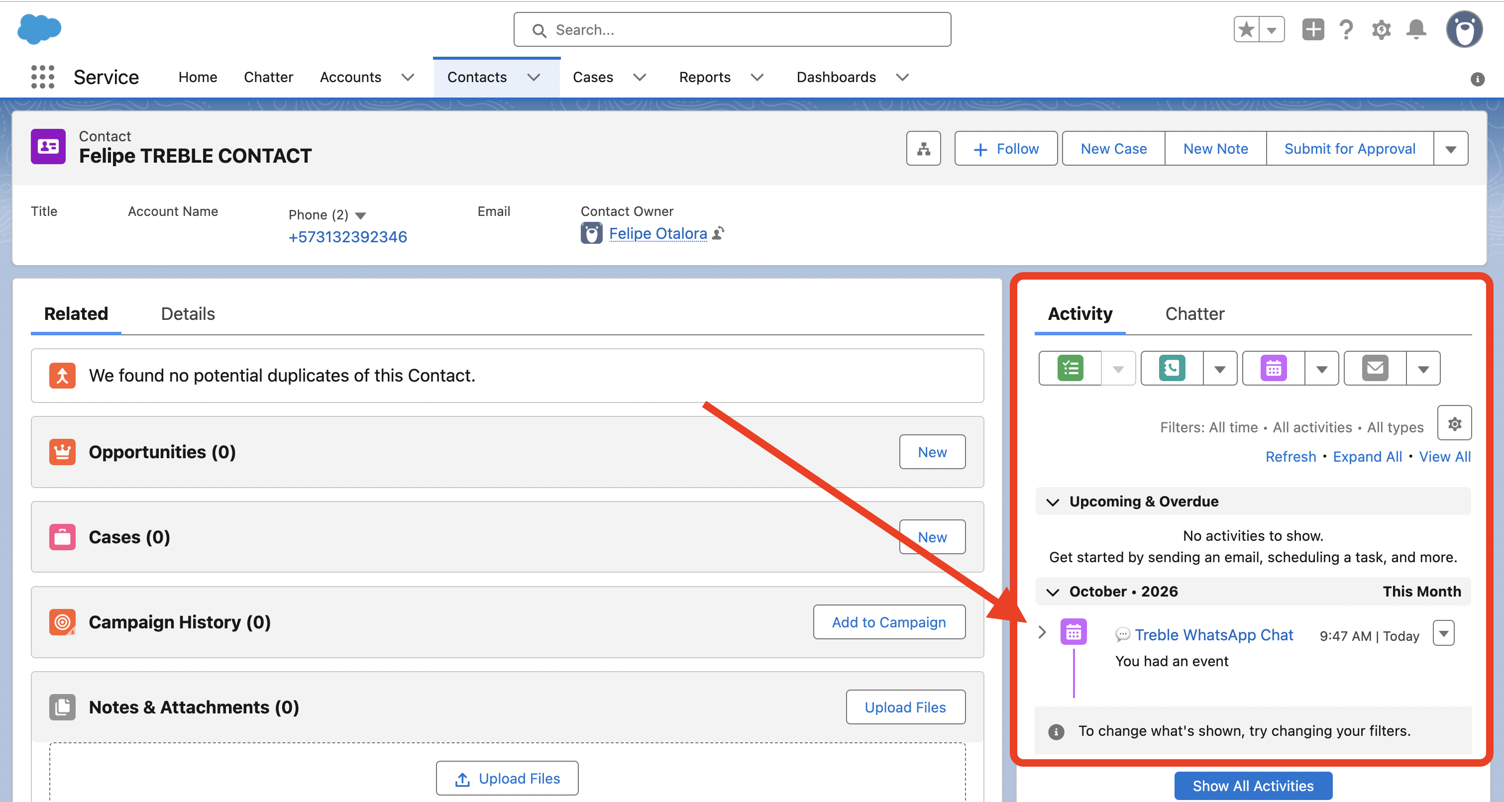A conversa do Treble no painel de atividade de um contato do Salesforce