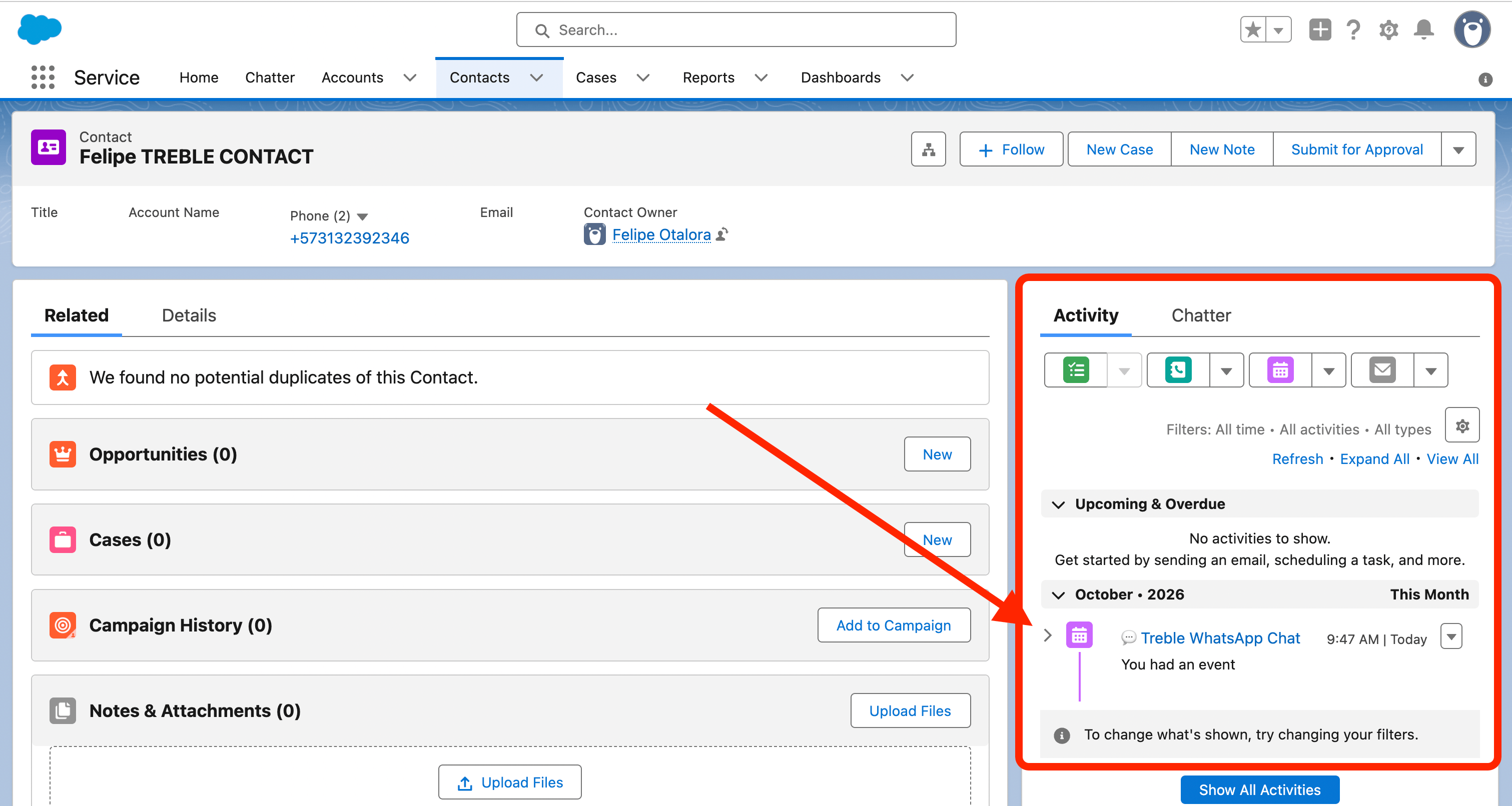A conversa do Treble no painel de atividade de um contato do Salesforce