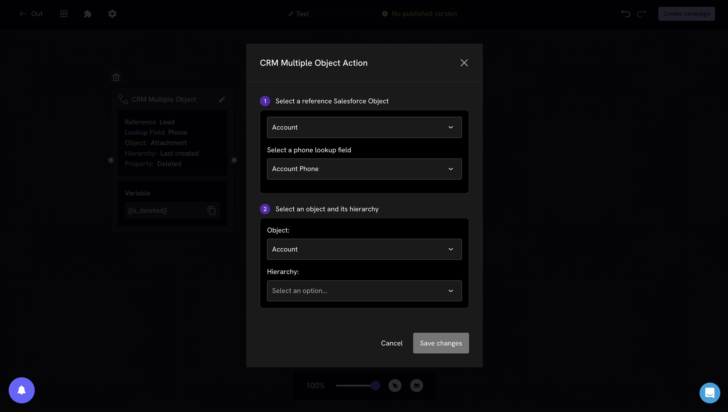 Pasos 1 y 2 del bloque CRM Multiple Object Action