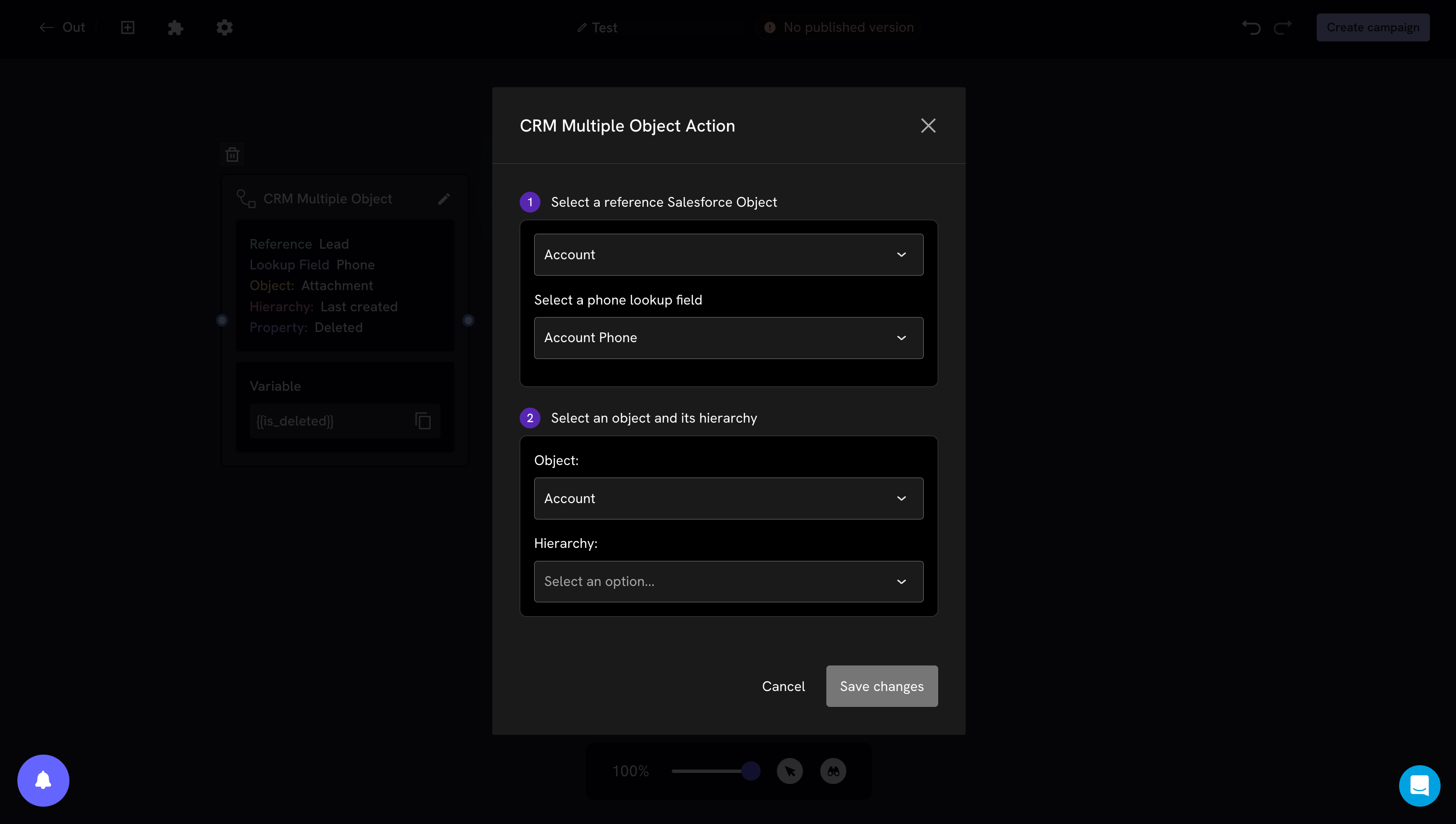 Steps 1 and 2 of the CRM Multiple Object Action block