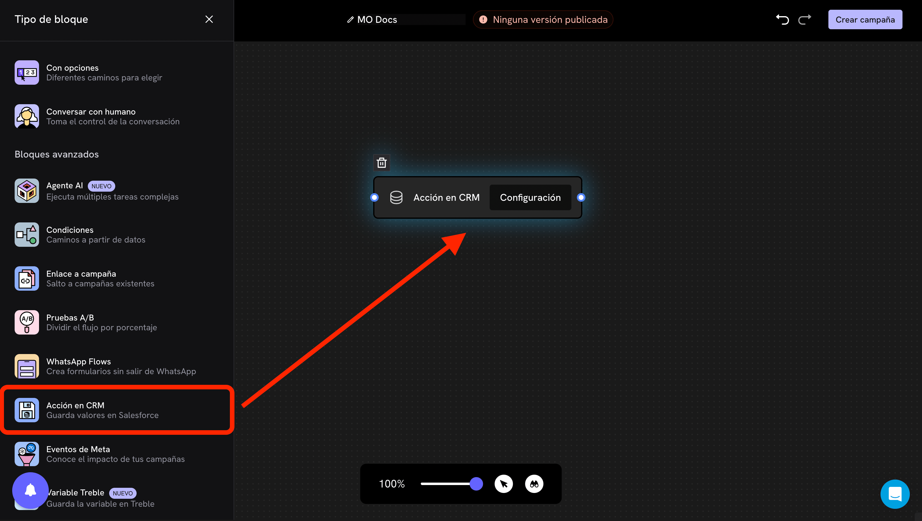Adding the CRM Action block to the flow