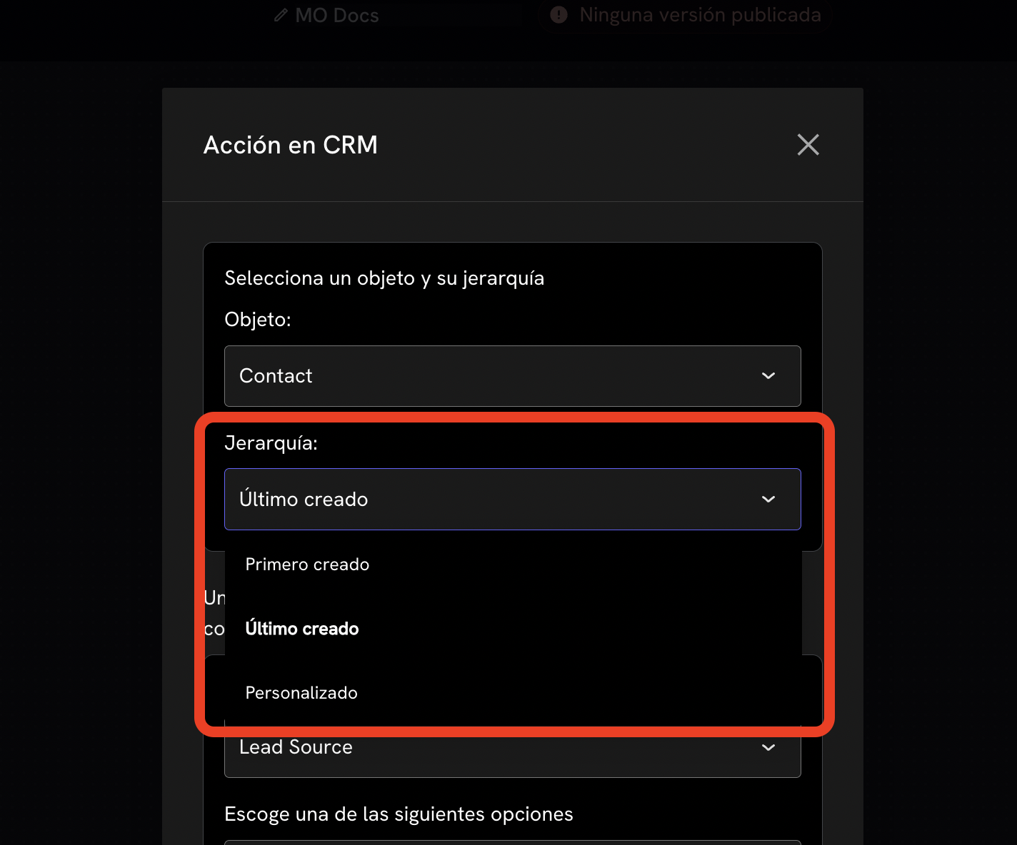 Opciones de jerarquía