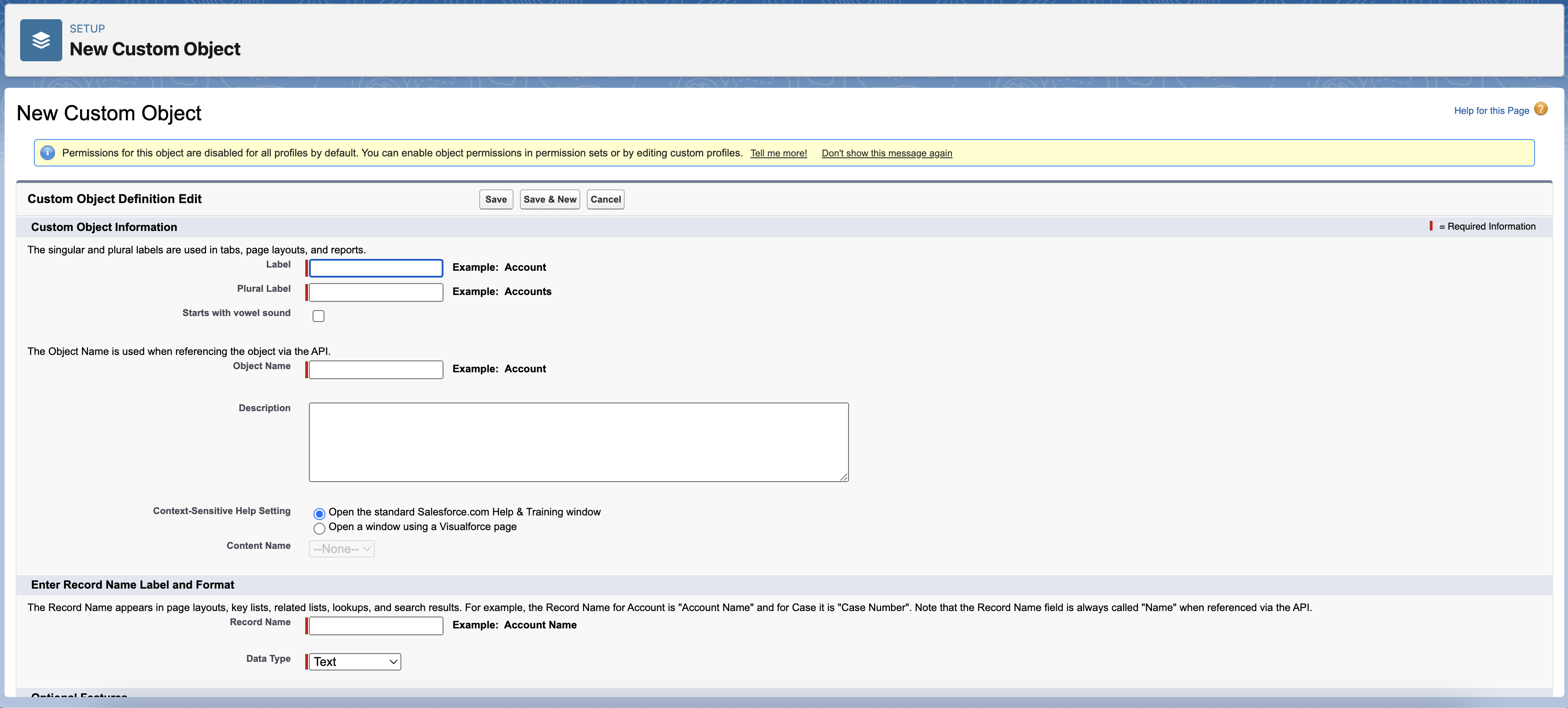 Custom object definition form