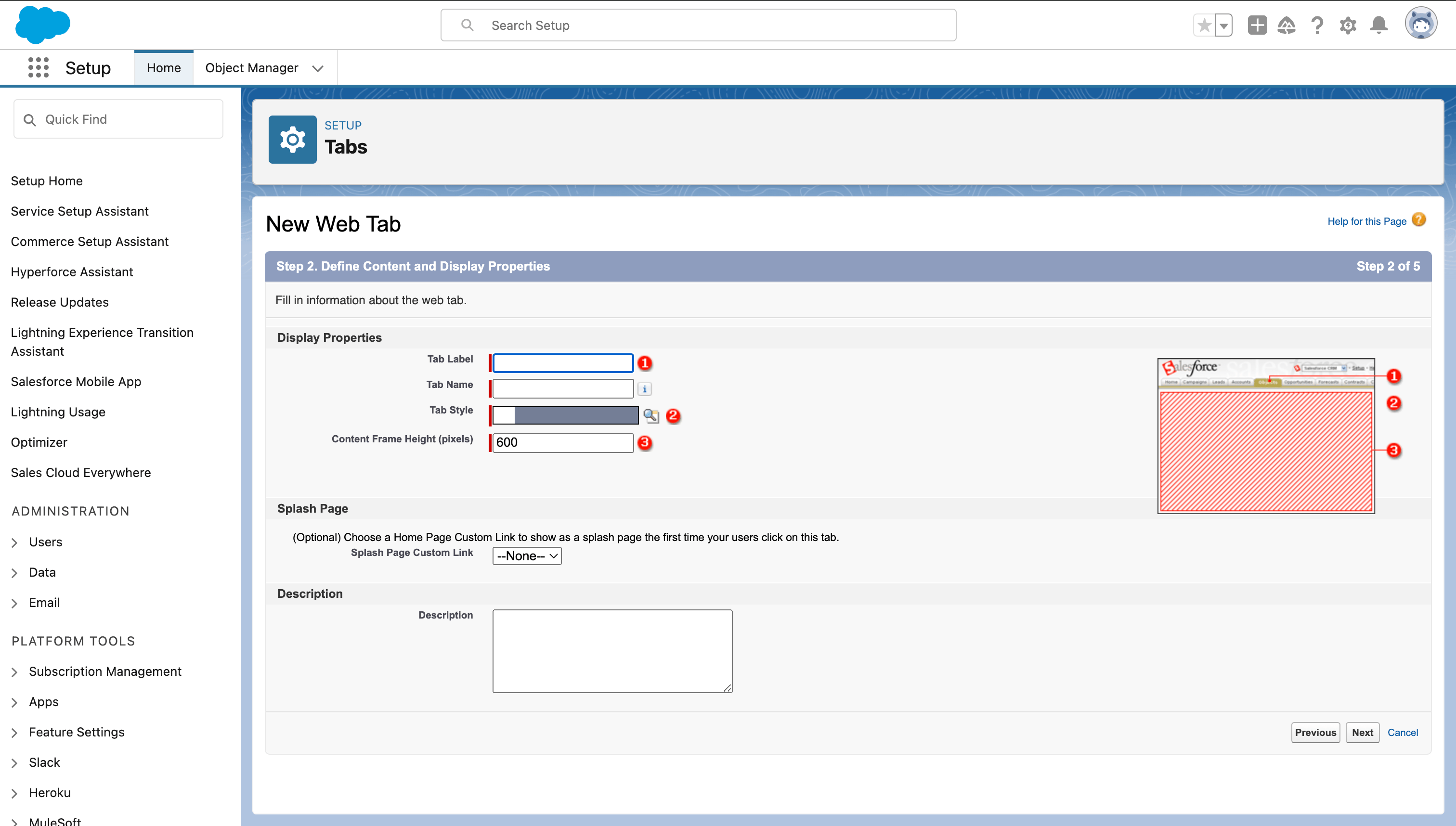 Web tab properties
