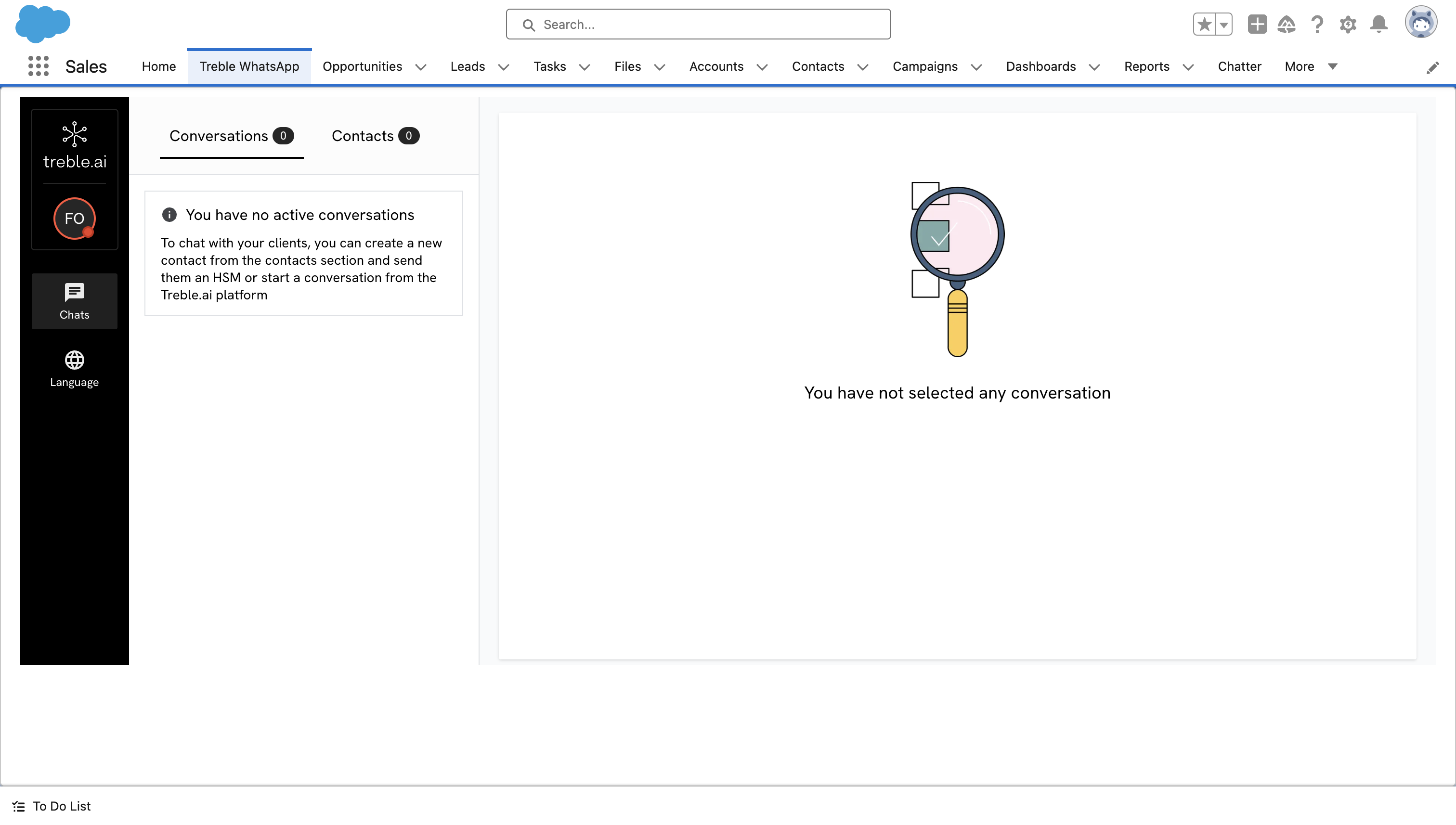 The Treble WhatsApp tab inside Salesforce