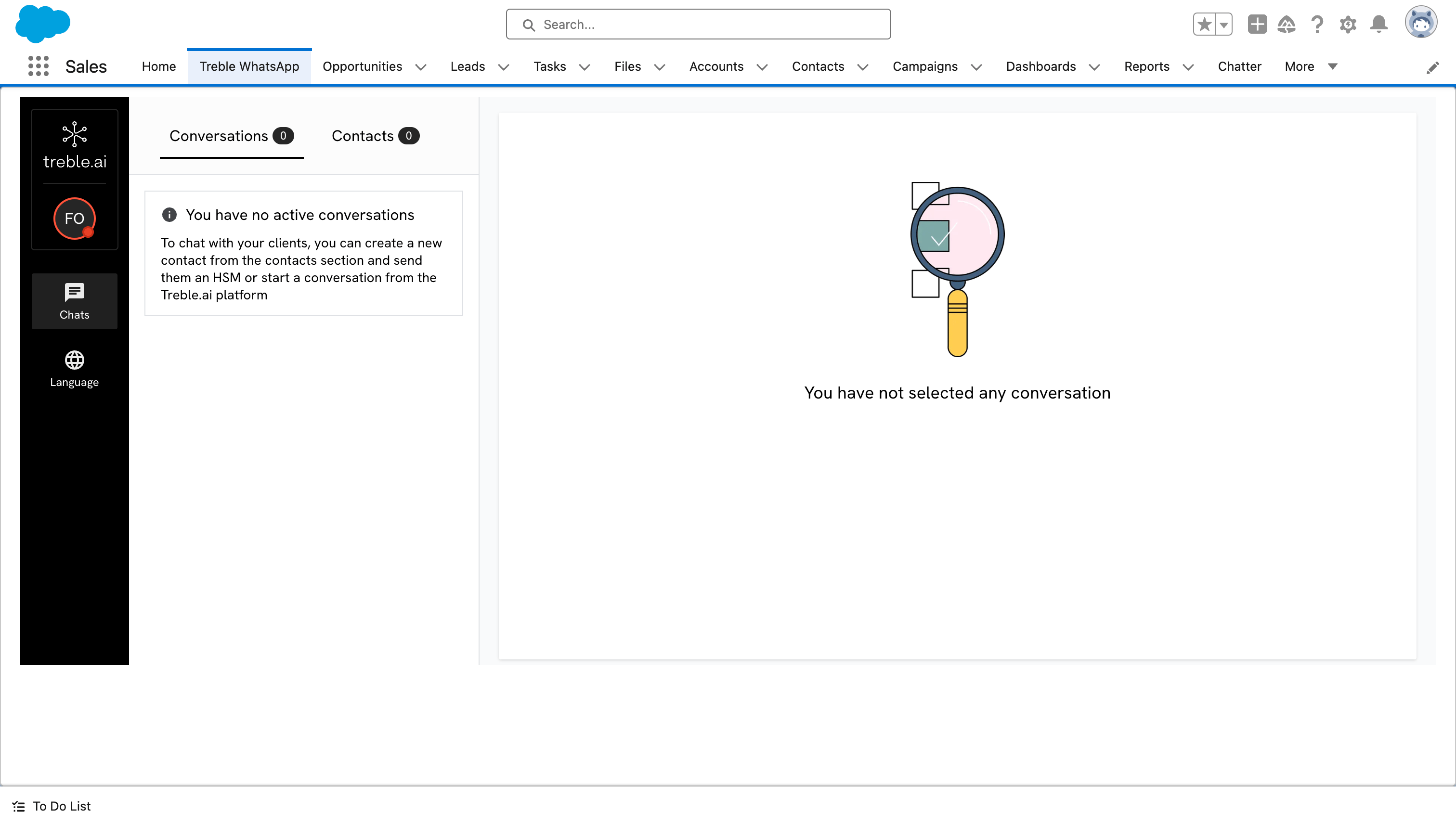 The Treble WhatsApp tab inside Salesforce