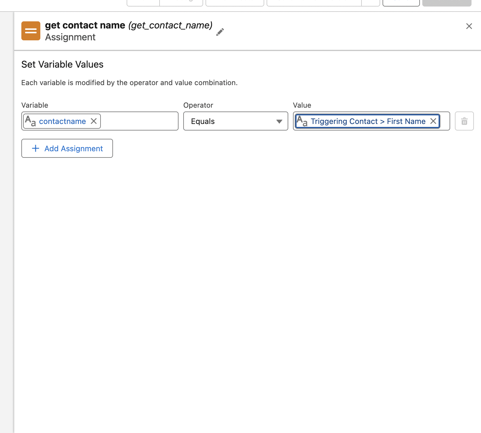 Elemento Assignment guardando o nome do contato