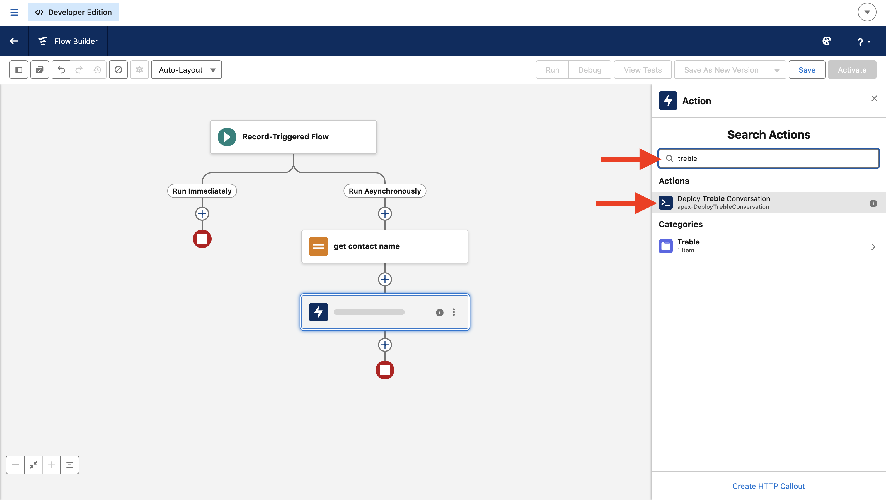 Pesquisar e escolher a ação Deploy Treble Conversation