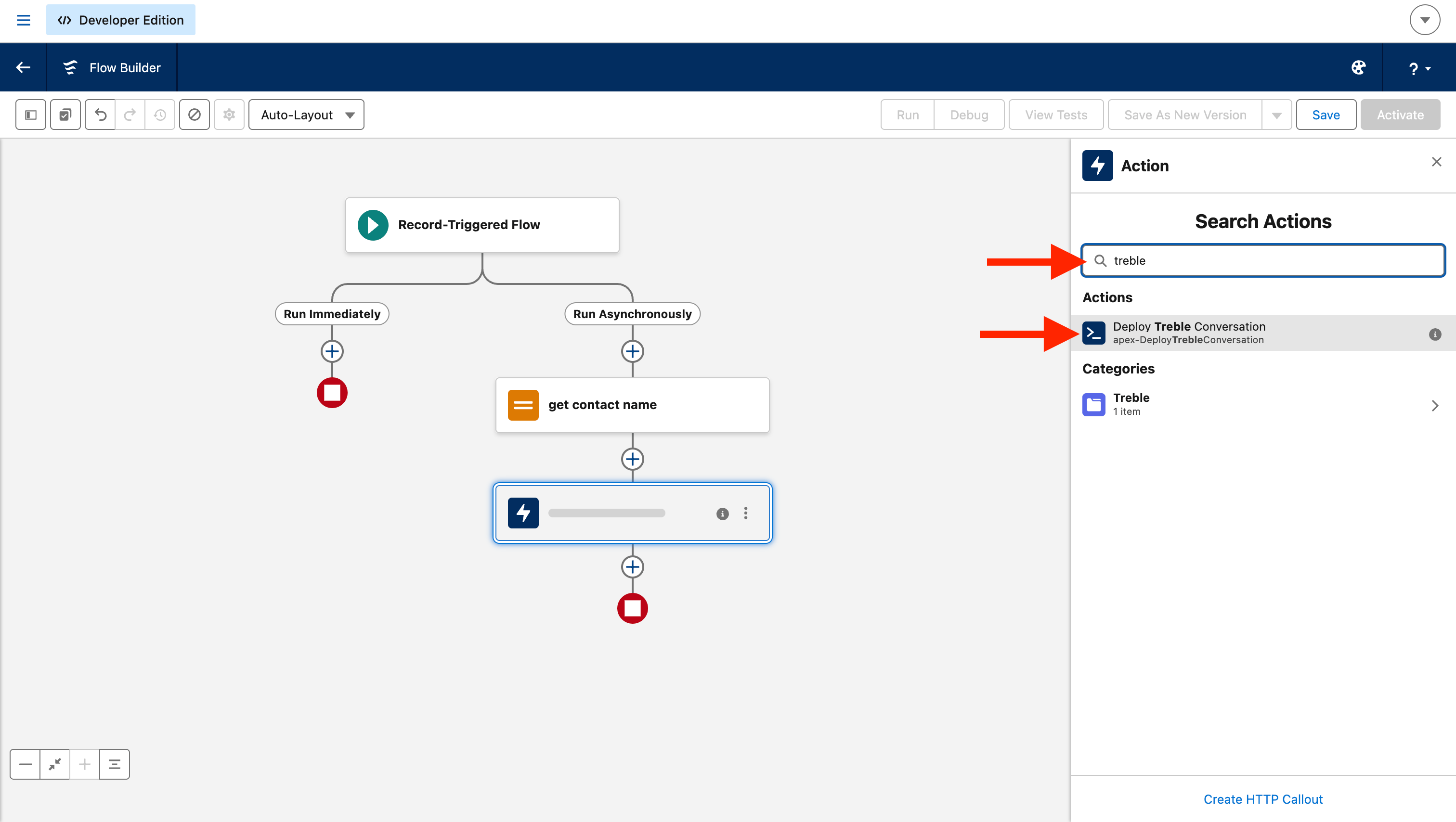 Pesquisar e escolher a ação Deploy Treble Conversation