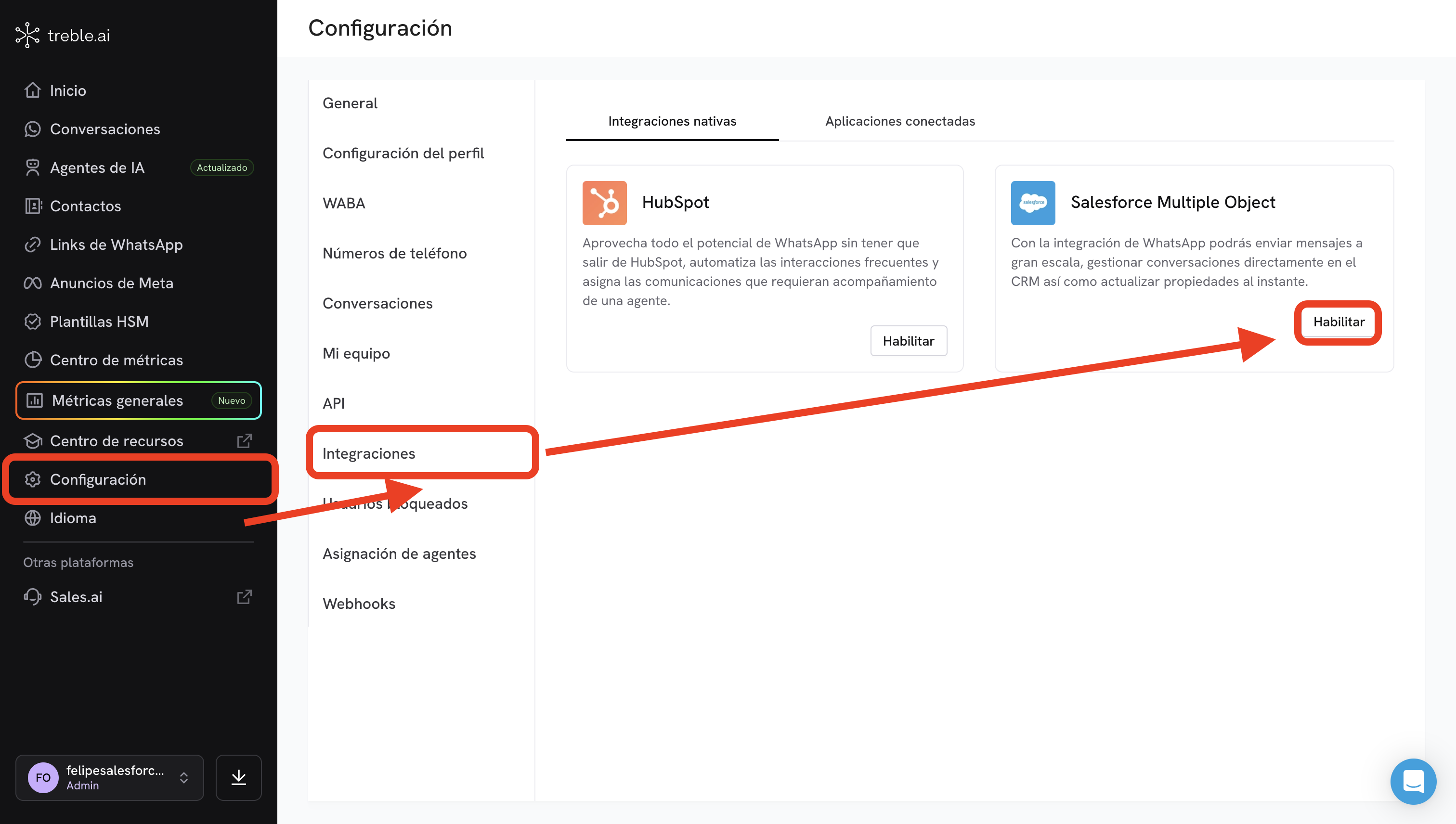 Habilitar a integração do Salesforce a partir de Configurações