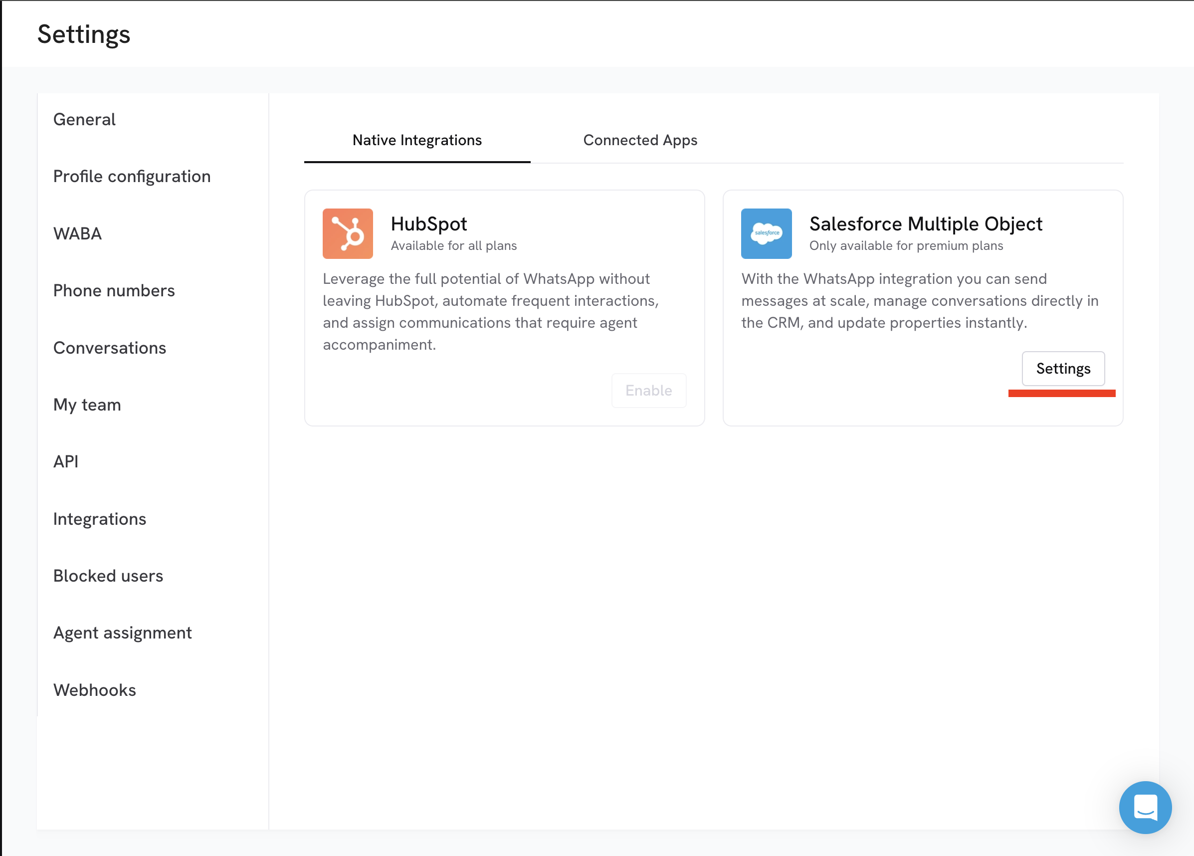 Abrir as configurações da integração multi-objeto