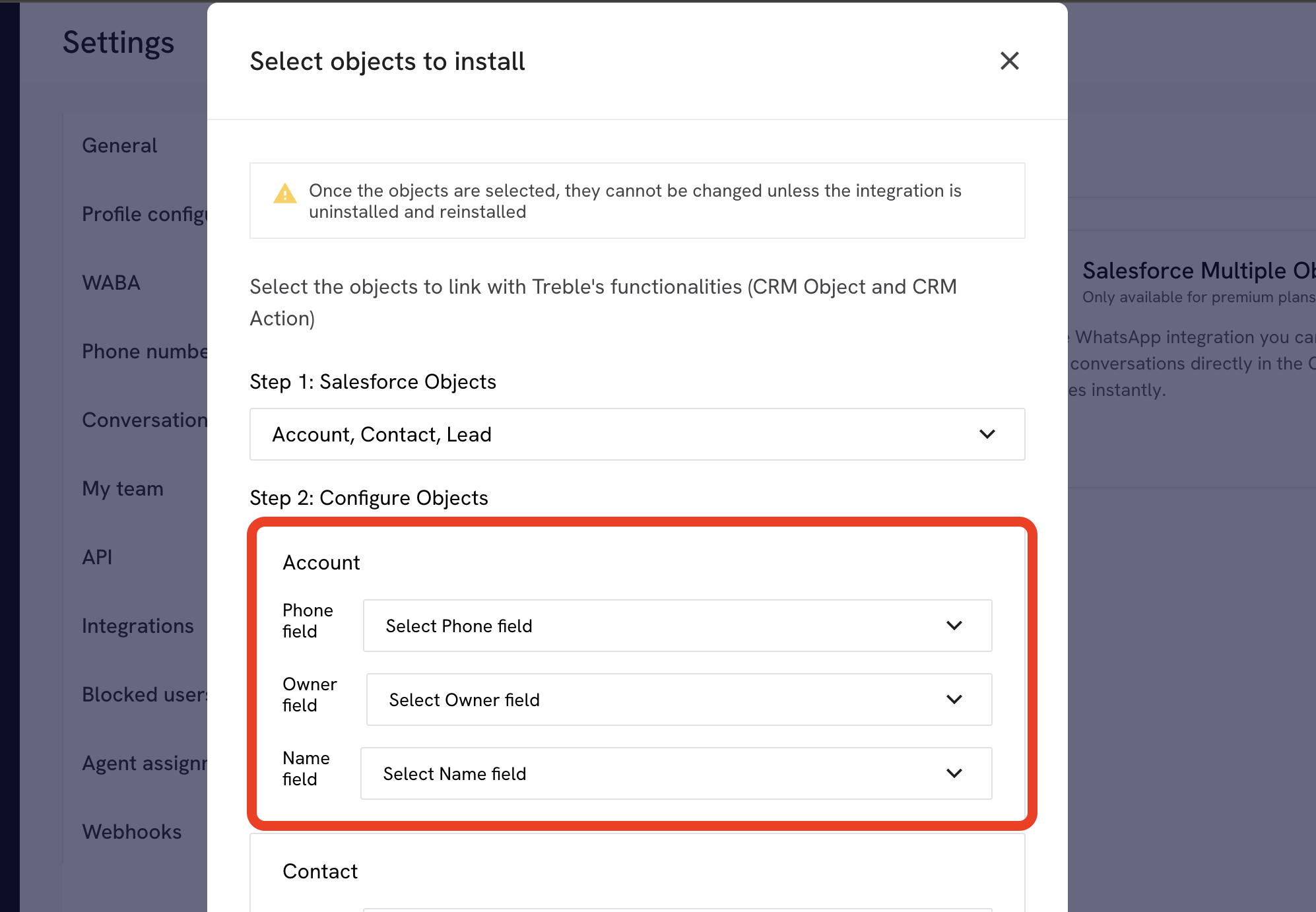 Selecionar e configurar os objetos do Salesforce
