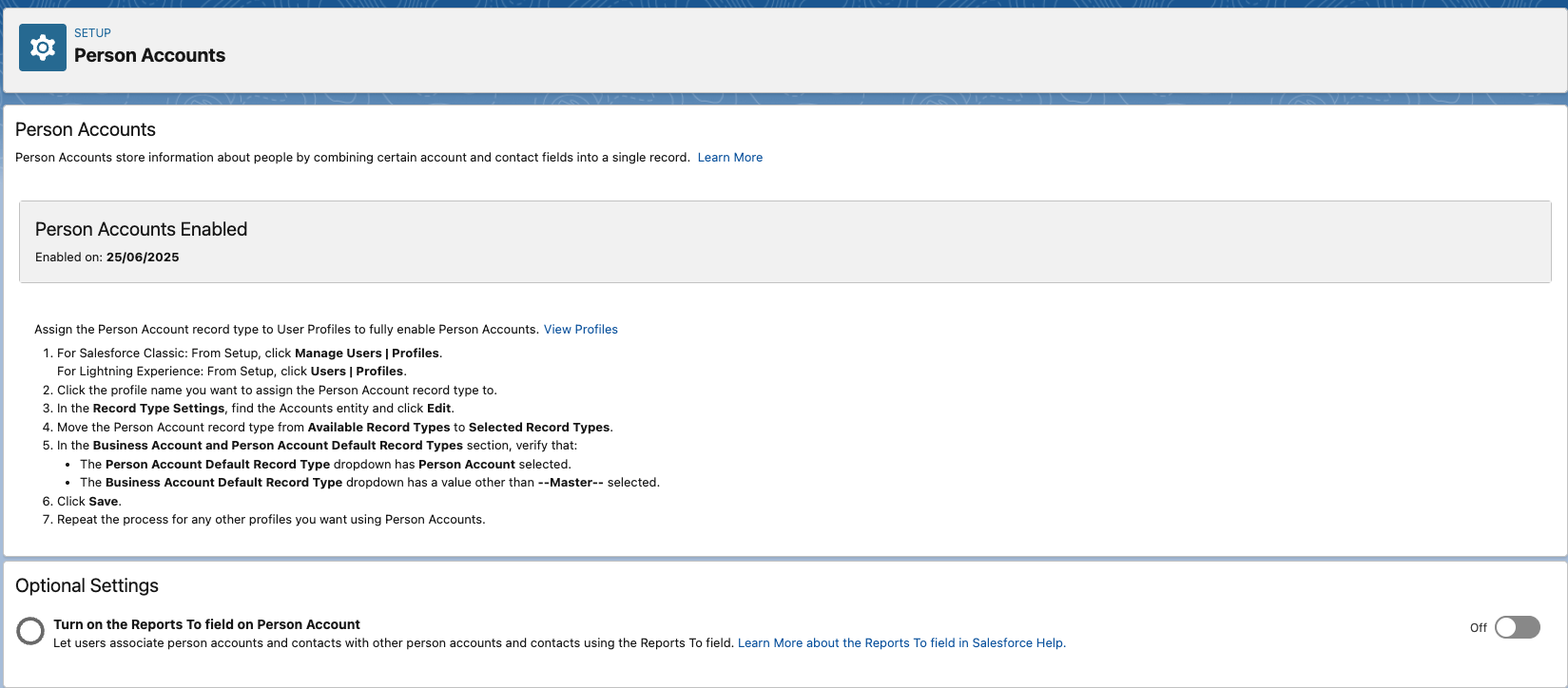 Person Accounts settings screen in Salesforce Setup