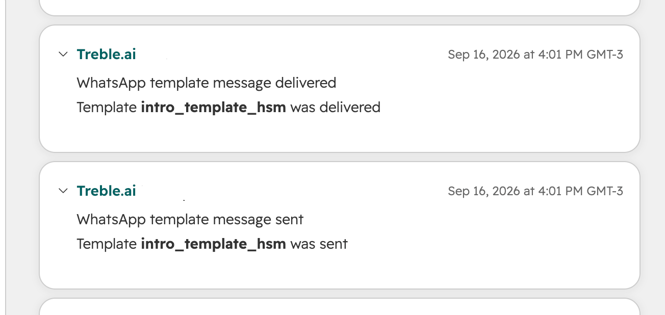 Atividades de status de HSM na linha do tempo de um contato do HubSpot