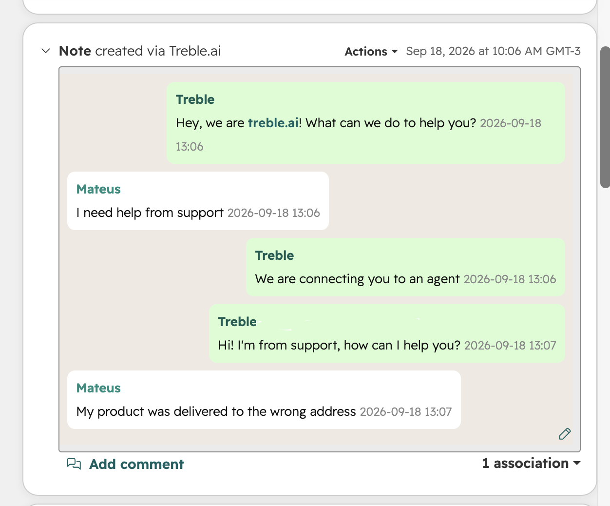 Uma conversa do Treble mostrada como uma Nota em um contato do HubSpot
