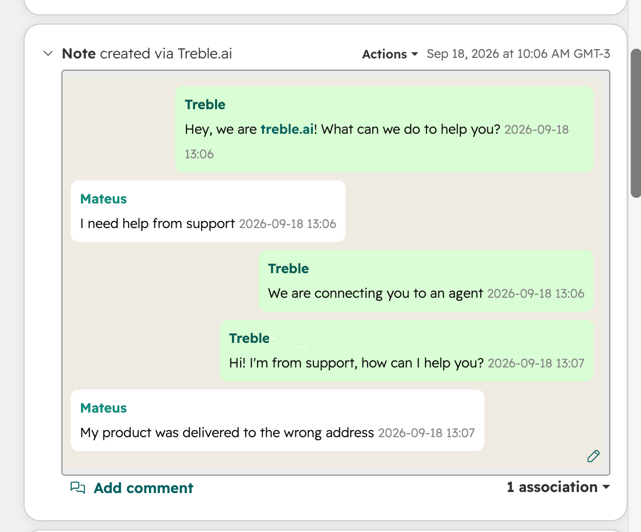 Uma conversa do Treble mostrada como uma Nota em um contato do HubSpot