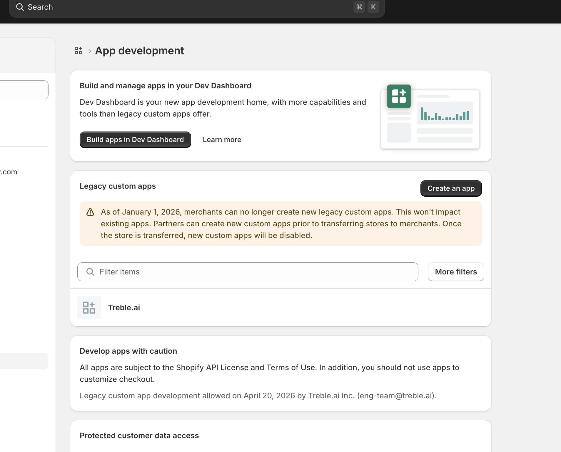 Página para crear aplicación en Shopify