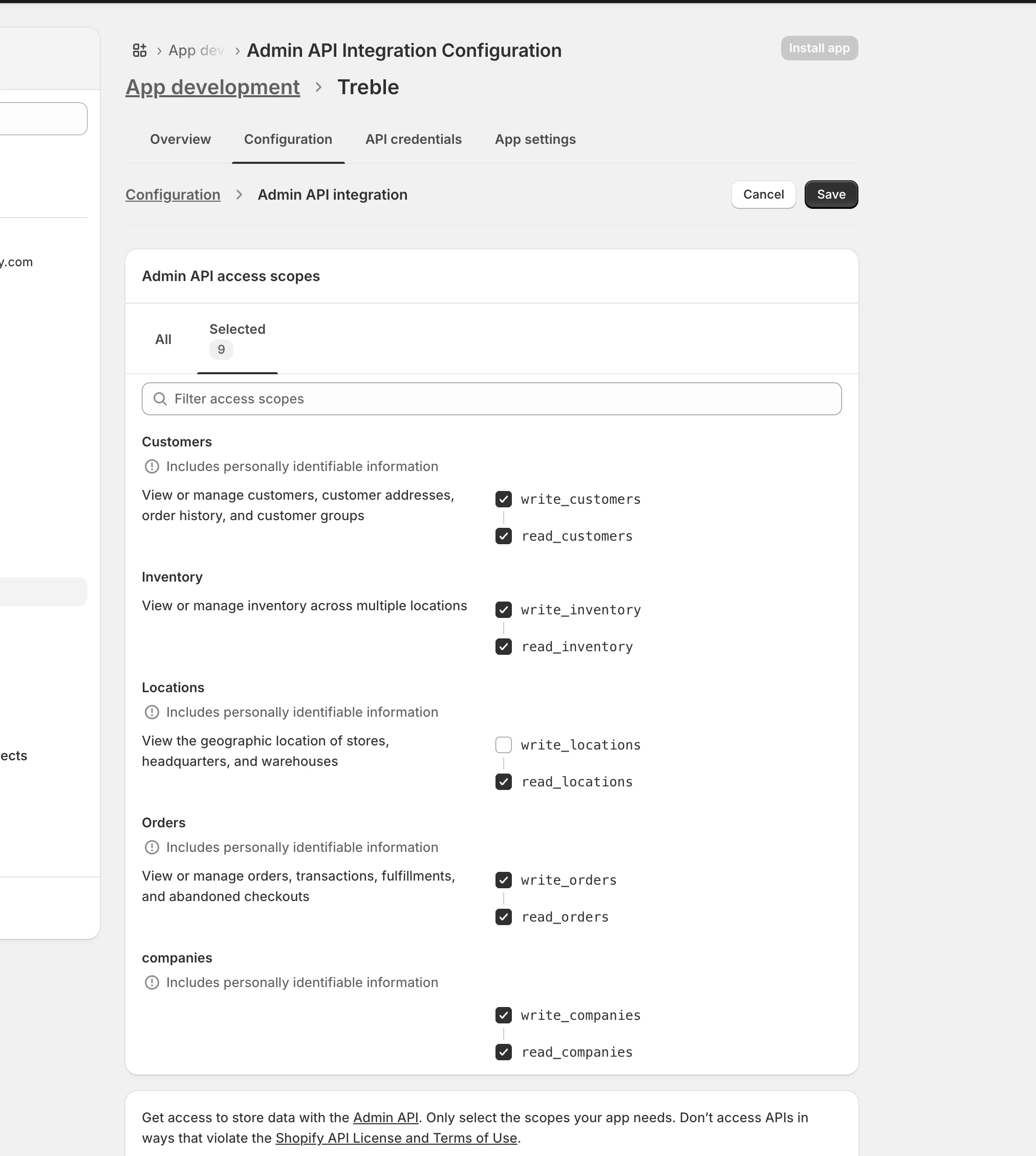 Página para crear aplicación en Shopify