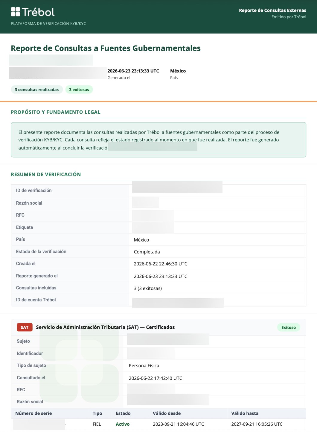 Reporte de consultas a fuentes gubernamentales generado por Trébol
