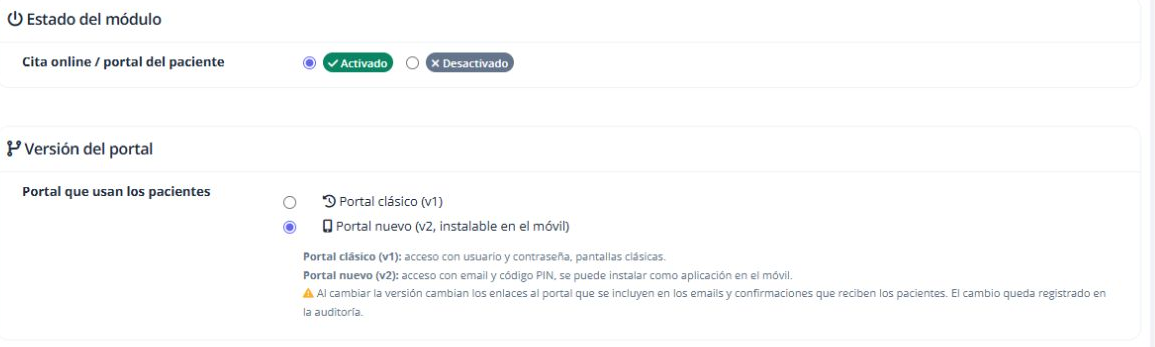 Activación del módulo y elección entre portal clásico y portal nuevo.