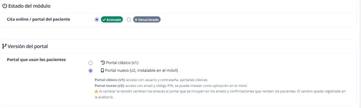 Activación del módulo y elección entre portal clásico y portal nuevo.