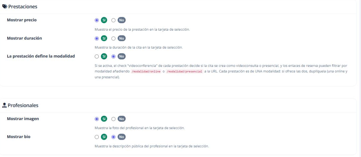 Información de la prestación y del profesional que se muestra al reservar.