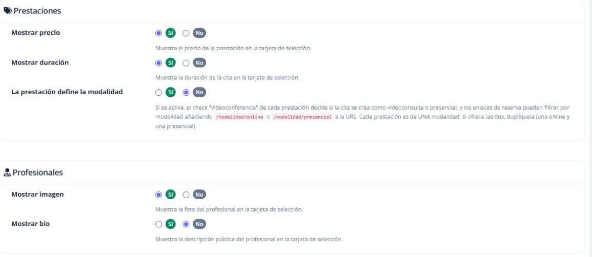 Información de la prestación y del profesional que se muestra al reservar.