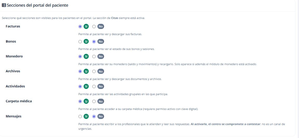 Secciones disponibles para los pacientes: cada interruptor controla su visibilidad.