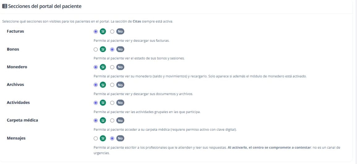 Secciones disponibles para los pacientes: cada interruptor controla su visibilidad.