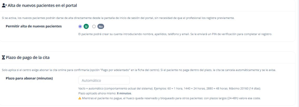 Alta de nuevos pacientes y plazo para abonar una cita con pago anticipado.