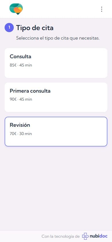 Ejemplo en móvil: elegir tipo de cita, con precio y duración visibles.