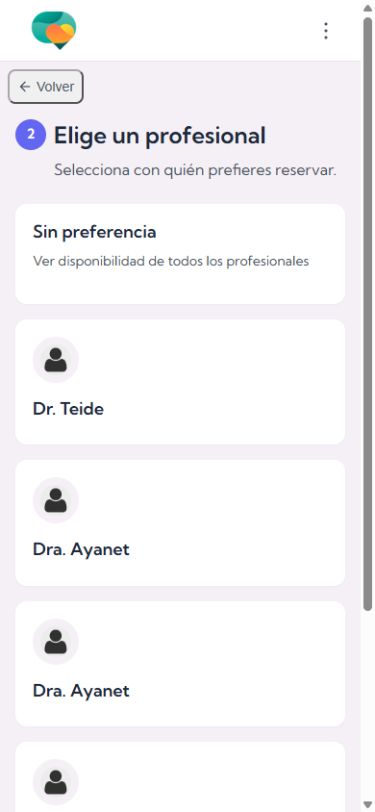 Elección del profesional o consulta de disponibilidad sin preferencia.