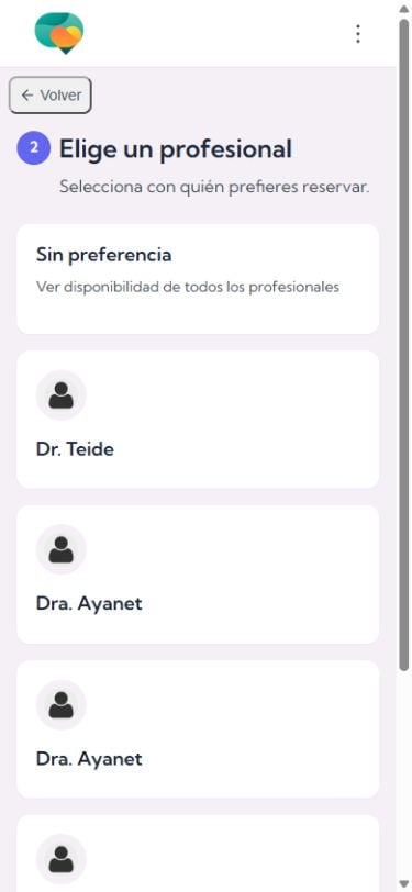 Elección del profesional o consulta de disponibilidad sin preferencia.