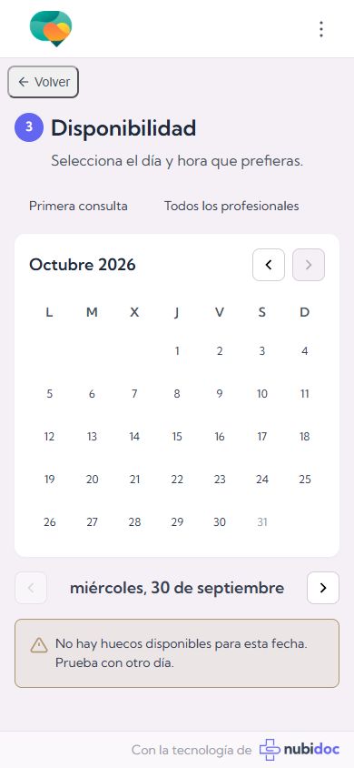 Calendario de reserva. Si no hay huecos, se puede cambiar de día o consultar al centro.