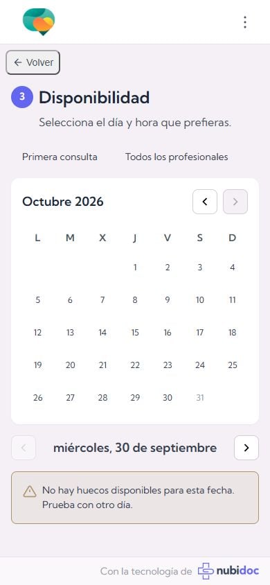 Calendario de reserva. Si no hay huecos, se puede cambiar de día o consultar al centro.