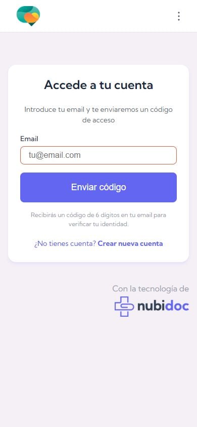 Acceso al portal nuevo: email, envío del código y creación de cuenta si está habilitada.