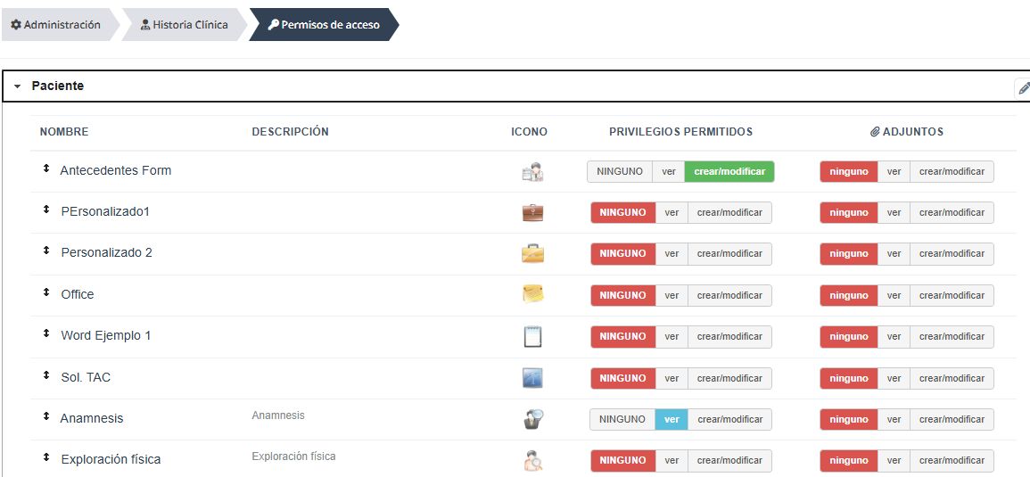 Permisos del perfil Paciente: documentos y adjuntos se configuran por separado.