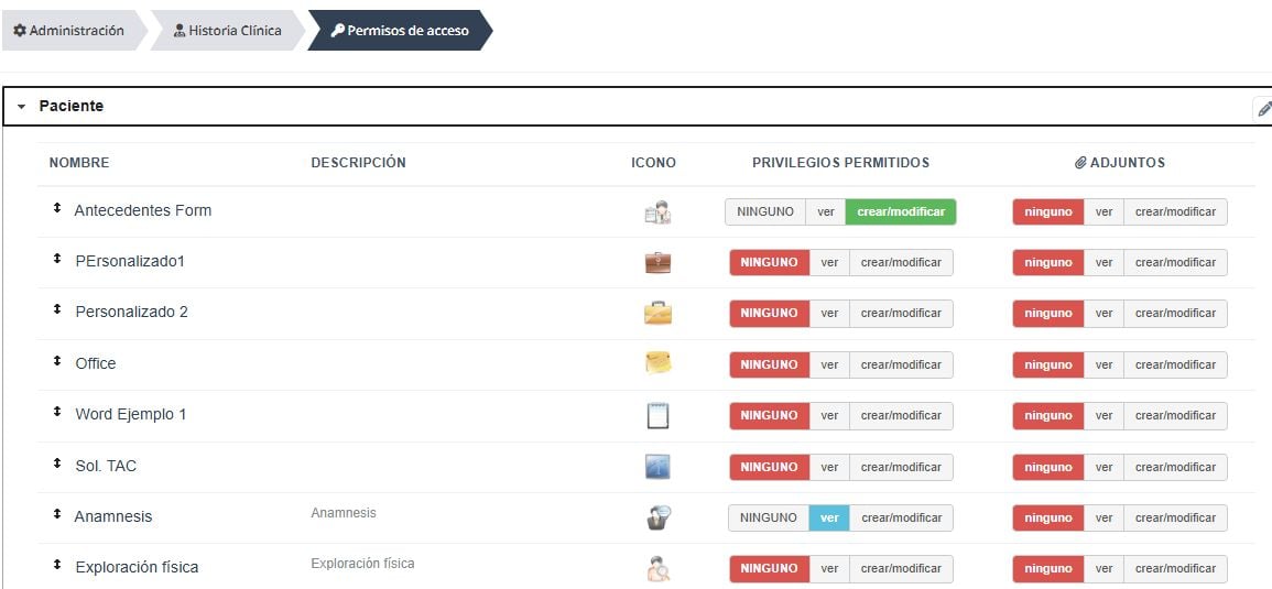 Permisos del perfil Paciente: documentos y adjuntos se configuran por separado.