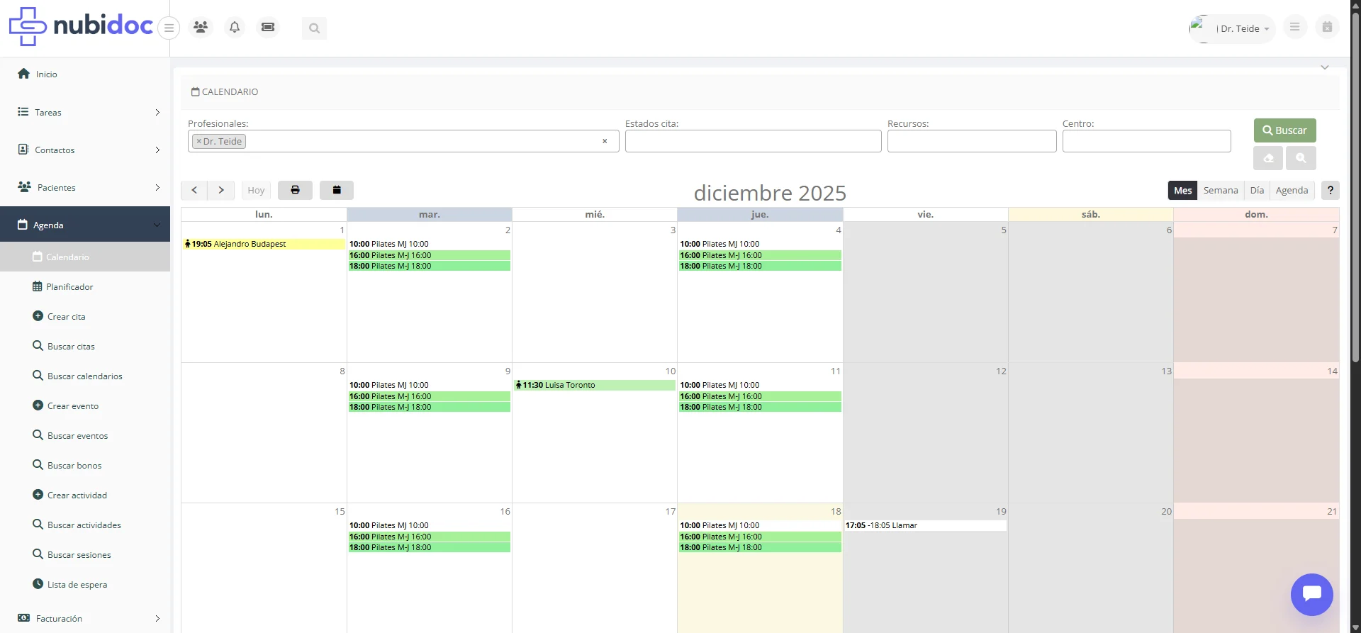 Vista de calendario en modo Mes