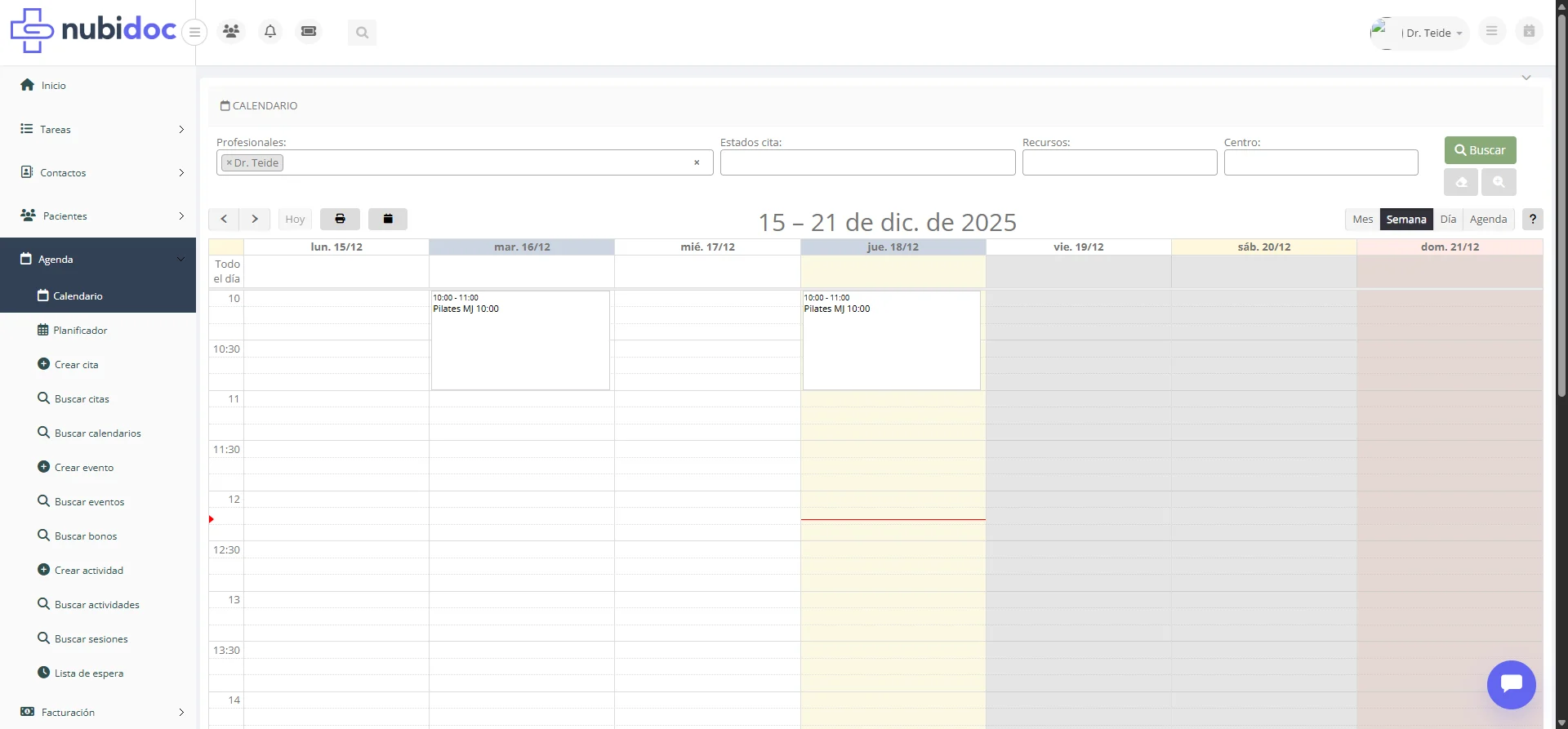 Vista de calendario en modo Semana
