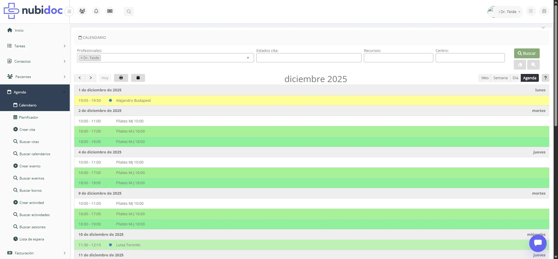 Vista de Agenda con listado cronologico