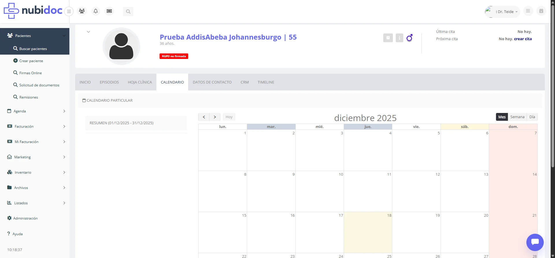 Pestana CALENDARIO del paciente