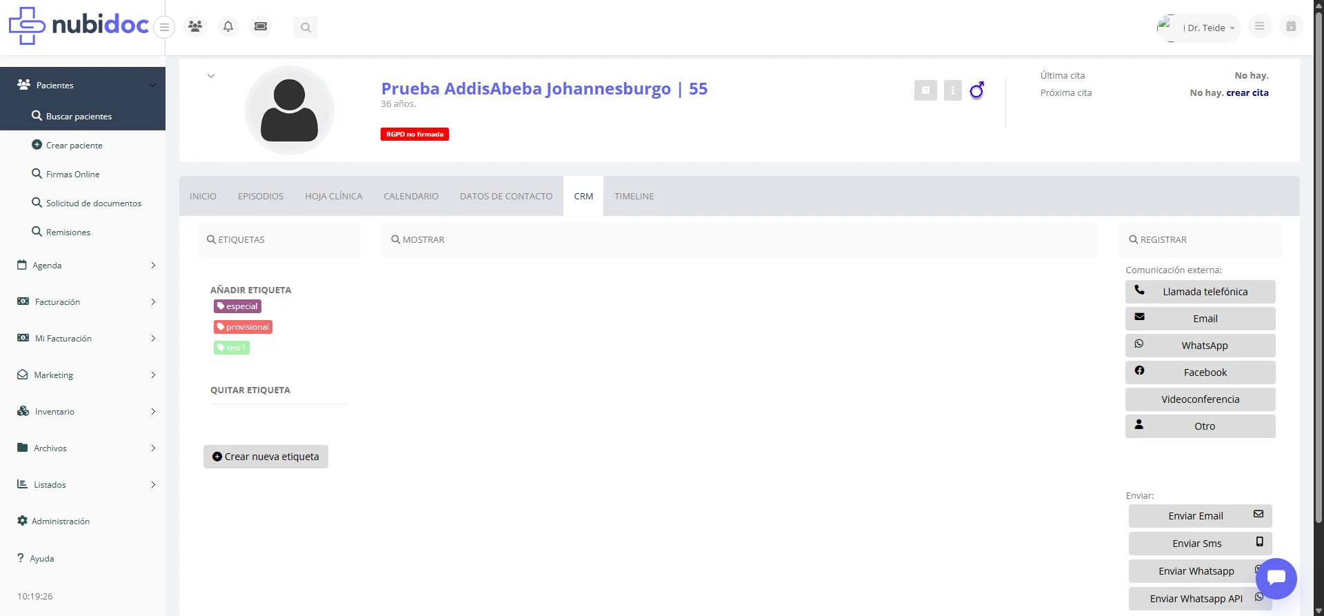 Pestana CRM del paciente