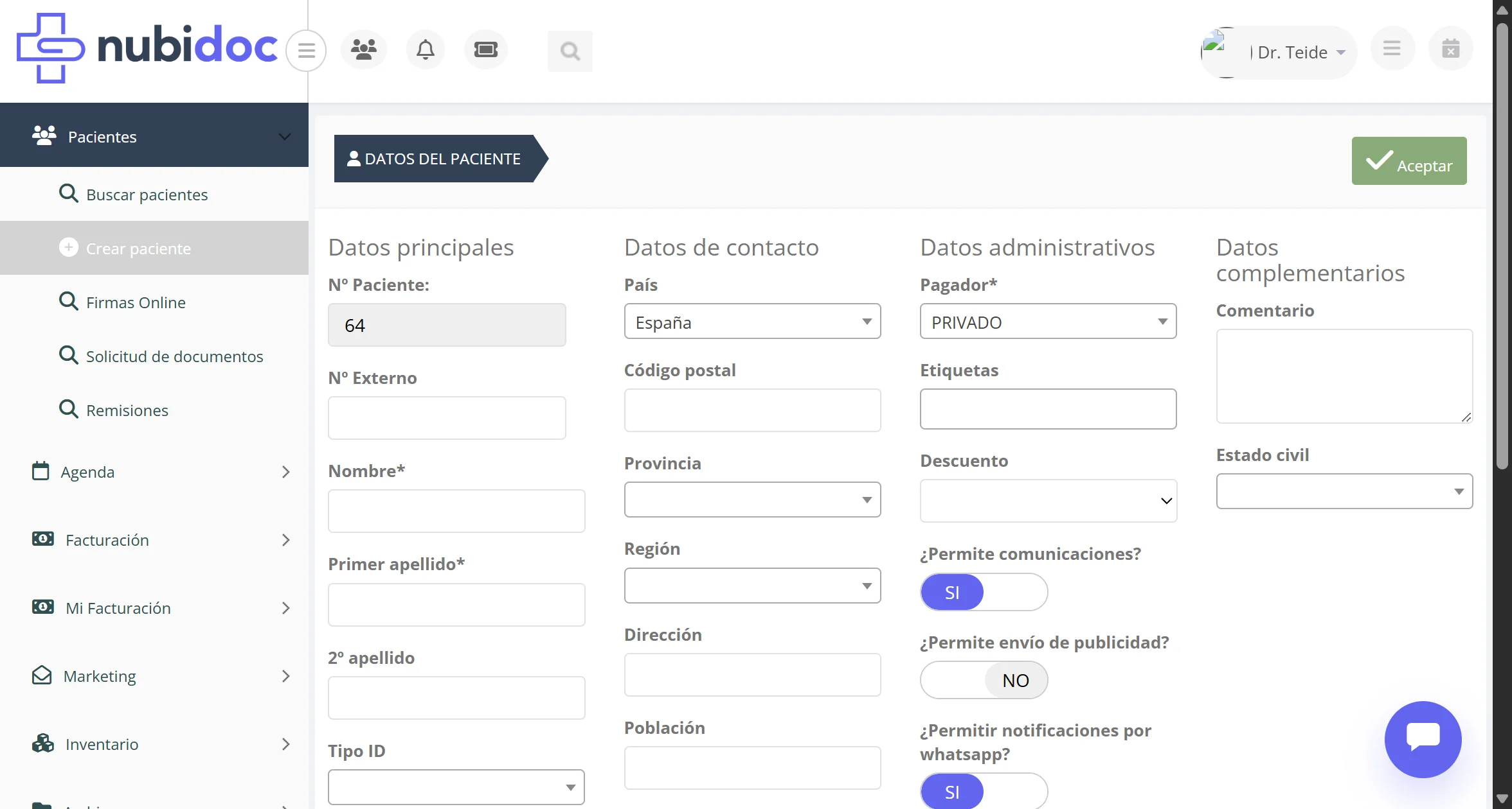 Formulario de creación de paciente