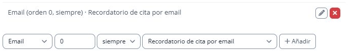 Fila guardada Email con orden cero, política siempre y plantilla Recordatorio de cita por email
